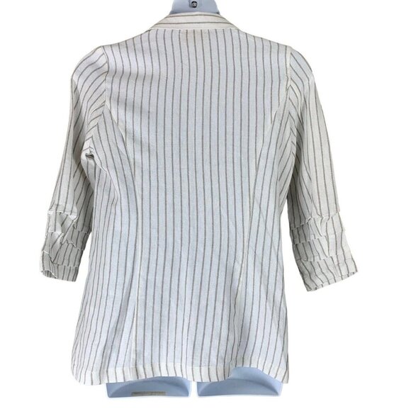 H Halston Size Medium Blazer Top Linen Blend Striped White Silver 3/4 Sleeve - Picture 2 of 4